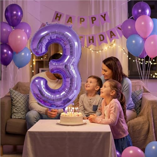 Image of Number Balloons for Birthday Decorations - 40 Inch Large Party Balloons 3, Purple Foil Number Balloons for Boys Girls, Balloons for Party Supplies