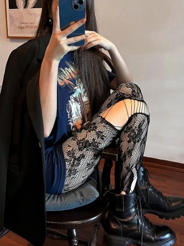 Women's Black Rose Pattern Hollow Fishnet Pantyhose Tights Stockings, Grunge Punk Hollow Out Design Tights3