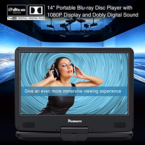 14 Inch Portable Blu-Ray DVD Player for Car Full HD 1080P with HDMI Output and Input, Dolby Audio, 3-Hour Rechargeable Battery, AUX Cable, Support USB and SD