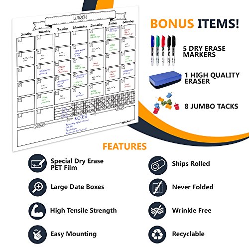Jumbo Dry Erase Laminated Wall Calendar, Huge 36 Inch By 36 Inch Size, Monthly Planner For Home Office Classroom, Goal Tracker, Reusable Pet Film, Never Folded, Includes 5 Markers, 8 Tacks, 1 Eraser #TOP1