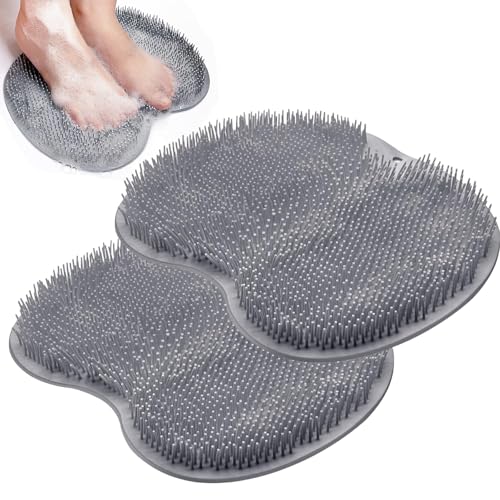 Foot Scrubber for Shower, 2 PCS Gray Shower Foot Scrubber, Shower Foot Scrubber Mat with Non-Slip Suction Cups, for Cleaning Exfoliation Massages Relieving Tired Feet Without Bending