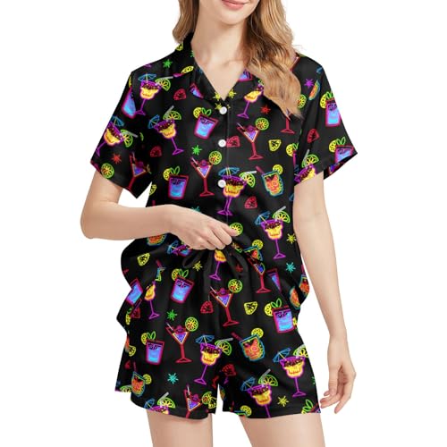 Image of Silk Satin Pajama Set for Women Summer Lounge Pjs Sets 2 Piece Suit Ladies Button Down Tops And Shorts Sleepwear