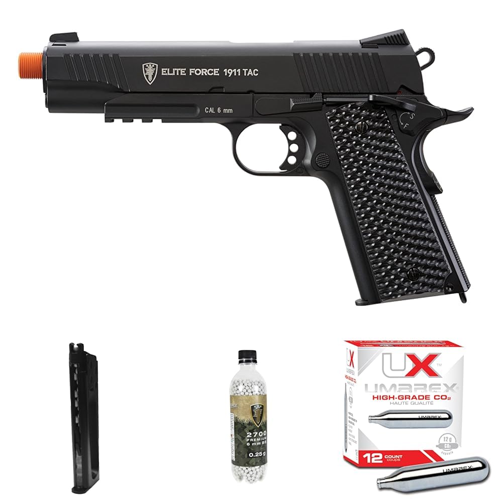 Bundle of Elite Force 1911 Blowback Pistol Black 1911 TAC Airsoft Gun and Spare 14 Shot Magazine and Premium 6mm 25g BBS 2700 Count and Umarex High Grade CO2 Cartridges for Airsoft Use Accessory Set