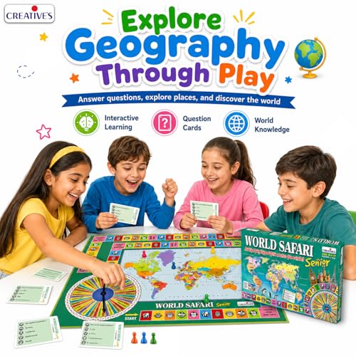 Image of Creative's World Safari Senior| World Geography Learning Game for Kids & Adults| Educational Board Games with World Map, Learn about Countries, Capitals, Continents, GK Quiz, Ages 10+, 2-6 Players