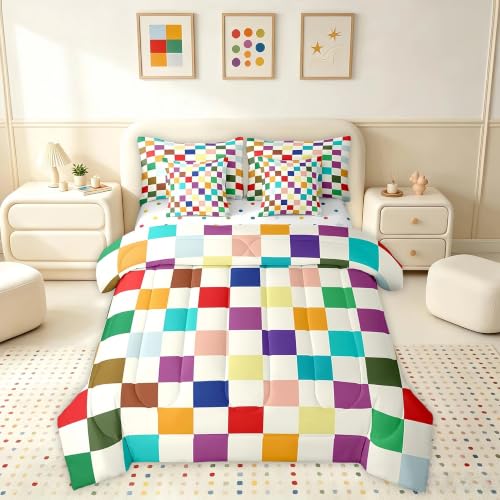 Image of Feelyou Colorful Checkered Retro 7 Piece Bedding Set Kids Boys Girls Modern Geometric Cute Comforter Set with Sheets Full Size Beige Colorful Bed in a Bag Vintage Simple Groovy Aesthetic Room Decor
