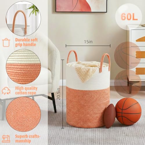 Image of Laundry Basket,Woven Cotton Rope Laundry Hamper,60L for Decor Storage of Dirty Clothes,Toys and Blankets in Bathroom,Baby Room and Living Room