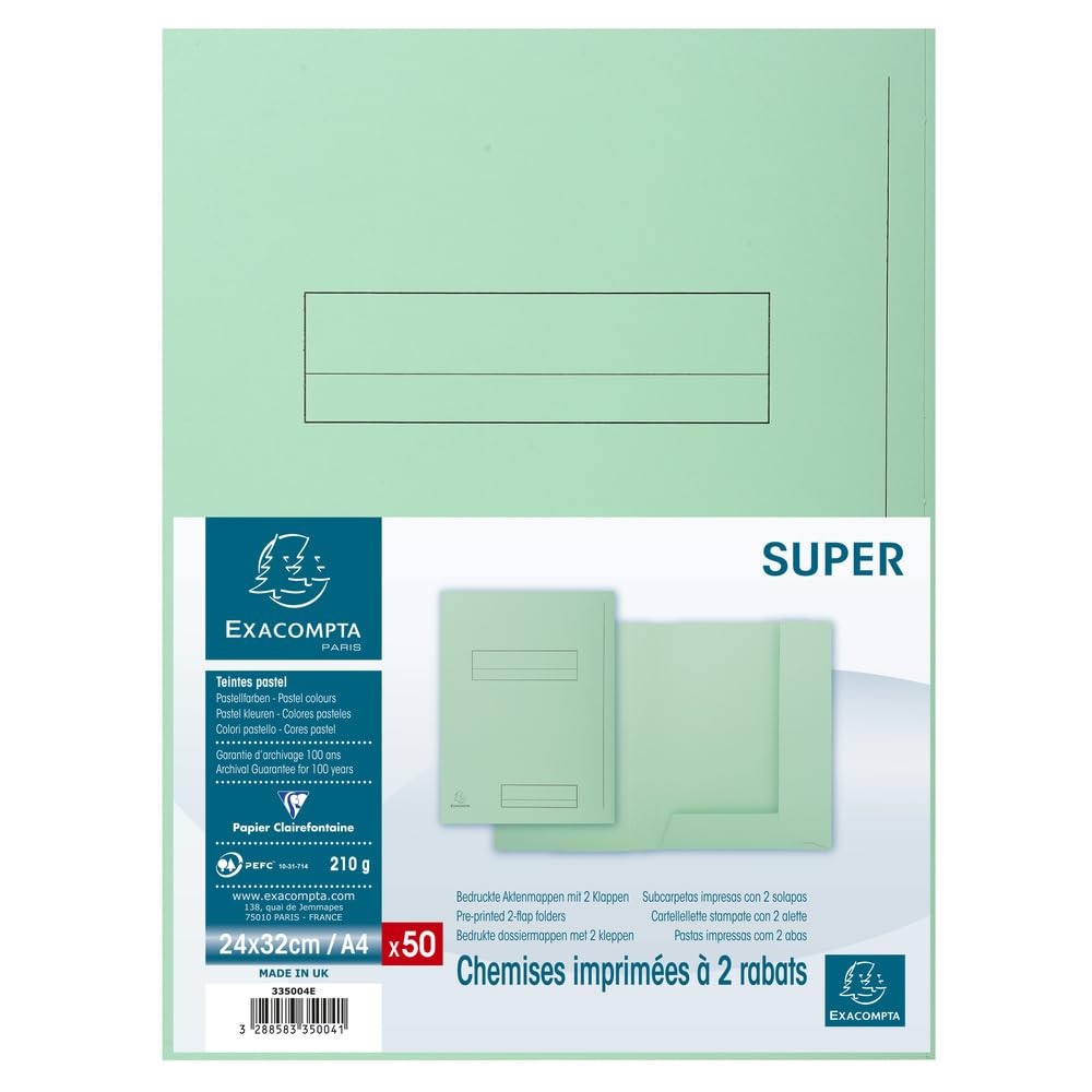 Exacompta 335004E Teczka na dokumenty Super, 2 klapy, wykonana z kartonu 210g/m², praktyczna i wytrzymała, na dokumenty A4, teczka na prospekty, 50 sztuk kolor zielony