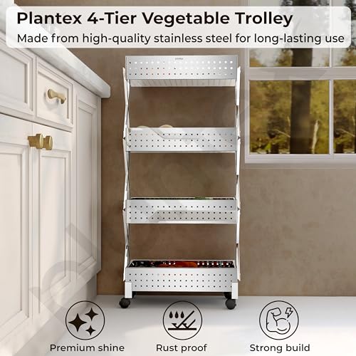 Image of Plantex 4-Tier Multipurpose Storage Trolley with Wheels /Rotating Kitchen Vegetable Rack /Stainless Steel Space Saving Organizer Basket Stand /Heavy Duty Rolling Utility Cart-(Chrome)
