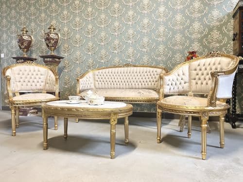 Sofa-Set im Retro Stil Französischer Barock und Rokoko Stil Beige, florales Damast Lounge Couch Set Handgefertigt Antiker Stil für Wohnzimmer Heimdekoration – Bild 3