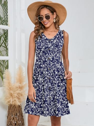 Image of Heymoments Women's Summer Dresses Sleeveless Casual Fashion Loose Swing Button Down Beach Dress with Pockets