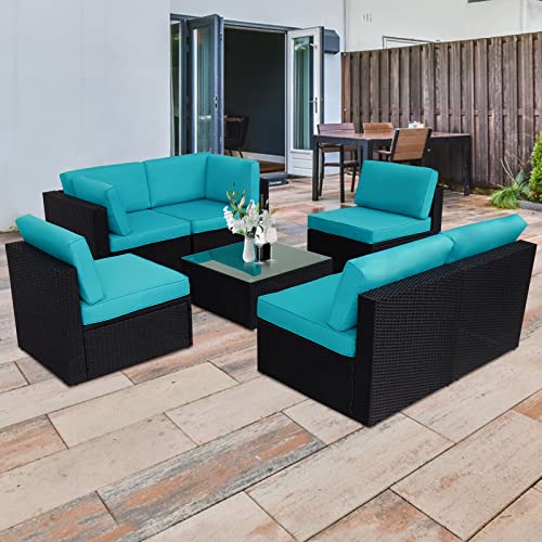 Kinbor Outside Furniture - 7 Pieces Outdoor Sectional Sofa, Outdoor Wicker Patio Furniture Set With Cushions, Turquoise #TOP2
