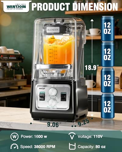 Image of WantJoin Commercial Blender- 80Oz Quiet Shield Smoothie Blender, 1600W Professional Ice Crusher with 6 Blades & 15 Speeds, High-speed Ice Drink Maker for Restaurant Cafe Home, Dishwasher Safe