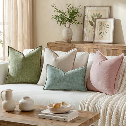 Image of a moment Pack of 2 Decorative Chenille Throw Pillow Covers with Twill Cushion Covers for Sofa Living Room Couch Bed 18x18 Inch,Crafted Border Beige