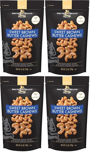 Squirrel Brand Sweet Brown Butter Cashews,3.5 Ounces Resealable Bag,Gluten Free,Vegetarian,(Pack