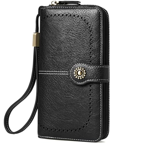 TFKGS Womens Wallet For Women RFID Wallets Credit Card Holder for Women Blocking Leather Large Capacity Ladies Phone Clutch Travel Long Purse Wristlet Black