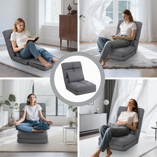 KAGMII Chaise Lounge Indoor, 14-Position Floor Chair with Padded Pillow for Adults Kids, Folding Lazy Sofa Chair for Living Room, Bedroom, for Gaming Reading (Grey) KAGMII Chaise Lounge Indoor, 14-Position Floor Chair with Padded Pillow for Adults Kids, Folding Lazy Sofa Chair for Living Room, Bedroom, for Gaming Reading (Grey)