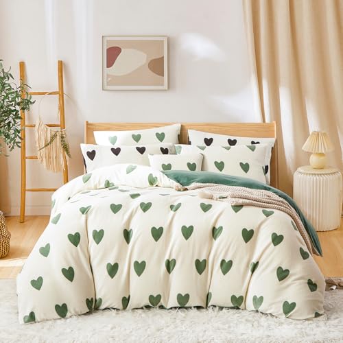 Covebett Flanelle Housse de Couette 200x200 Cœur Vert Blanc Amour Hiver Chaude Parure de lit Polaire Peluche Réversible Linge de Lit Adulte 2 Personnes...
