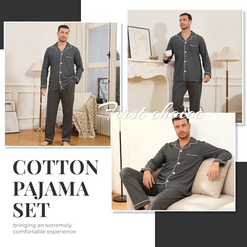 Image of U2SKIIN Mens Cotton Pajama Set, Soft Long Sleeve Pajamas for men Lightweight Button Up Sleepwear Lounge Pjs Set with Pockets