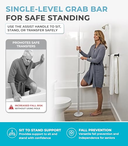 Image of Stander Single Handle Non-Rotating Floor to Ceiling Grab Bar, No-Drill Tension Mounted Transfer Pole for Seniors, Bath Safety & Bedside Assist Rail for Home Standing Support & Fall Prevention, White