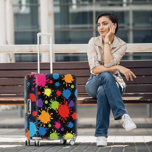 Image of Colorful Paint Splatter Luggage Cover - Artistic Suitcase Protector for 24-26 Inch Travel Bags - Vivid Abstract Drip Design with Black Background,M