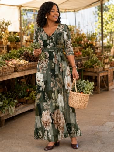 Image of SUZONANA Plus Size Dresses for Women Floral Print Maxi Dress Flowy 3 /4 Sleeve with Belt