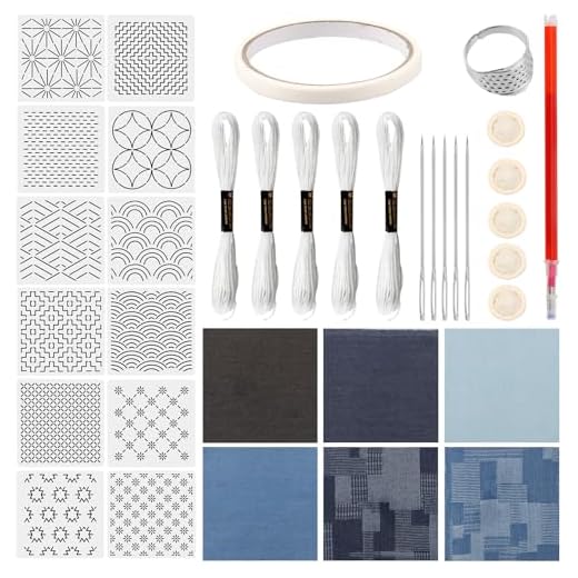 Kit completo de estênceis Sashiko com 12 peças, conjunto completo de fios e agulhas de dedal, kit de bordado de tecido jeans para iniciantes (jeans)