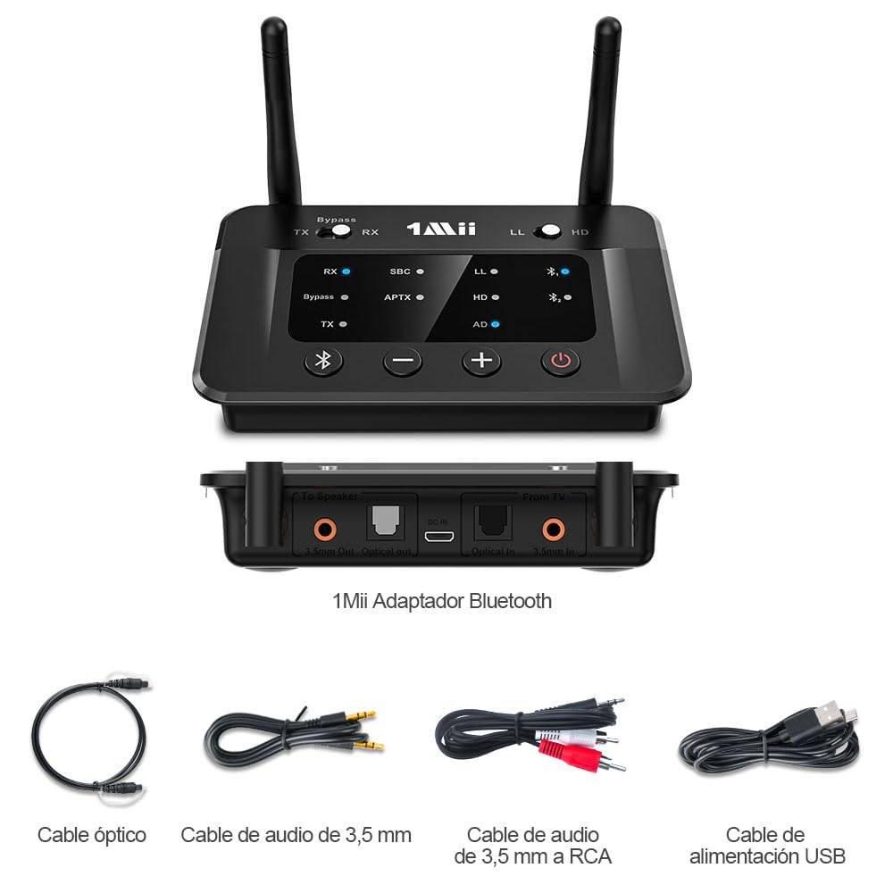 1Mii B03 Transmisor Receptor Bluetooth 5.3 para TV, Adaptador Emisor Audio Inalámbrico aptX LL HD, con Salida/Entrada Óptica/RCA/AUX, Doble Enlace a 2 Auriculares Bluetooth, Estéreo, Largo Alcance 70m