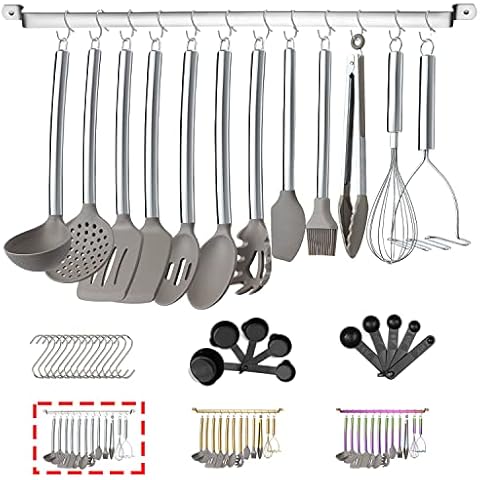 38 Piece Silicone kitchen Cooking Utensils Set with Utensil Rack, Silicone Head and Stainless Steel Handle Cookware, Kitchen Tools for Utensil Sets, Non-Stick kitchen Gadgets, Dishwasher Safe(Silver) Cover