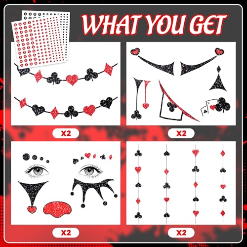 Halloween Clown Face Makeup Temporary Tattoos+Black Red Faces Gems - image 2