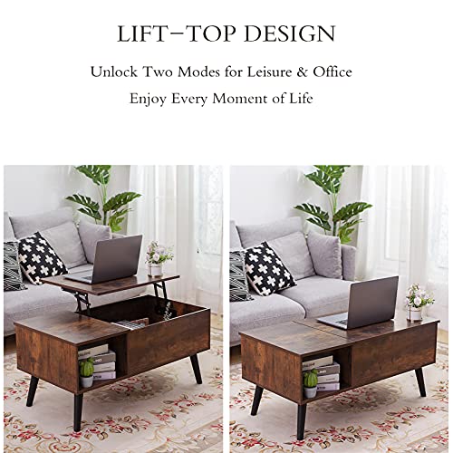 Image of DINZI LVJ Lift Top Coffee Table, Modern Center Table with Large Hidden Compartment, Lift Up Living Room Table with Wooden Tabletop and Pop Up Storage, for Home and Office, Rustic Brown