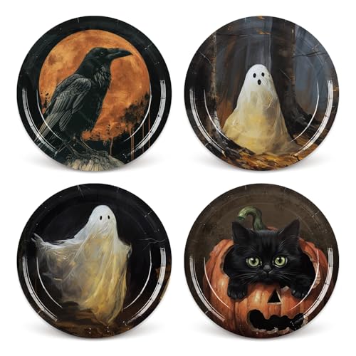 Whaline Halloween Dessert Plates Crow Ghost Pumpkin Black Cat Dis...