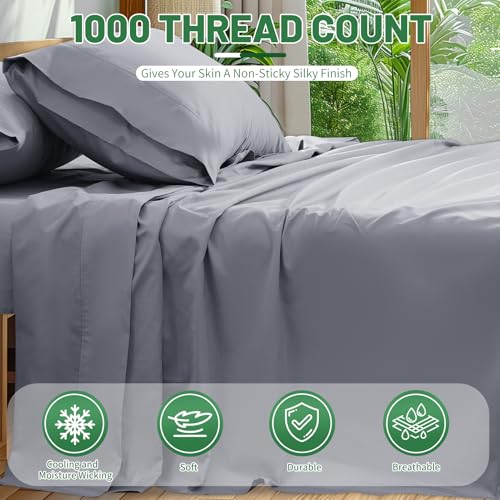 Image of 1000 Thread Count Egyptian Cotton Sheets Queen Size Set 4PCS Sateen Weave Soft Breathable 16-Inch Deep Pocket(Queen,Silver Grey)