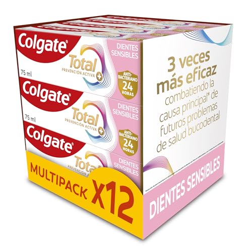 Colgate Total Prevención Activa + Dientes Sensibles Pasta de dientes Pack 12 x 75ml | Combate la causa principal* de los problemas bucodentales más comunes | 24h de Protección antibacteriana²