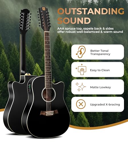 Image of Vangoa 12 String Guitar Acoustic Electric, Upgraded Guitar 12 Strings Bundle for Beginner Intermediate Adults Teens, Guitarra de 12 Cuerdas, Spruce Top Bone Nut, Black, Matte