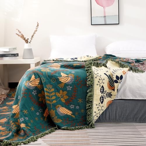 Image of VANJOROY Boho Throw Blanket, 100% Organic Cotton Breathable Ultra Soft 91 inch x 108 inch King Bed Quilt Throw - Floral Rustic Bird Farmhouse Decor Luxury Blanket for Sofa Couch Chair and Gift,Teal /Beige