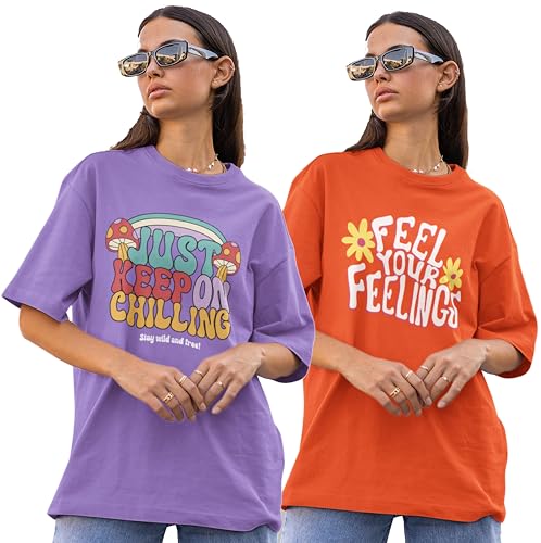 Image of Reifica Pure Cotton Half Sleeve Loose Fit Oversized T Shirts for Women /Girls Combo Pack of 2
