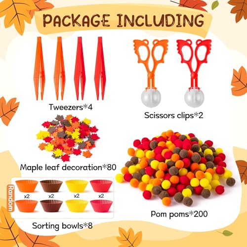 Image of EZdhuawuse Fall Sensory Bin Fillers - 294P Fall Thanksgiving Fine Motor Toys Counting Sorting Set for Kids Autumn Counting Toy with Felt Maple Leaf Pom Poms Cup Clip for Preschool Education Activities
