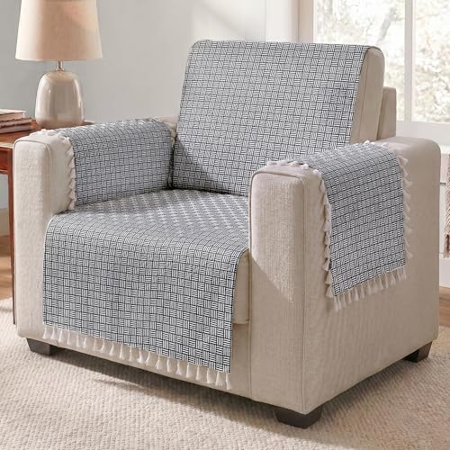 Image of Story@Home Premium Velvet Sofa Cover with Tassels for 1 Seater |Full Protection for Sofa Seat, Back & Arms | Anti Slip Sofa Cover Mat with 2 Armrest Cover, 1 Seater (152 x 61 CM) - Navy Blue & White
