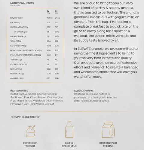 Image of Elevate Granola Almond & Seeds 600g | Oats, Almonds & Seeds Mix | High Protein & Fibre | No Added Sugar & Preservatives | Vegan Healthy Breakfast Cereal & Snack