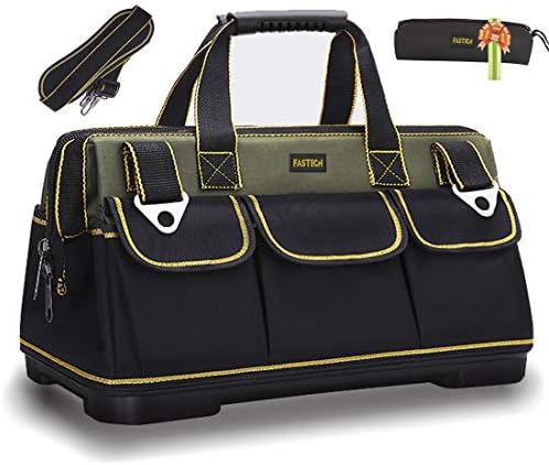 FASTECH 17-inch Wide Mouth Tool Bag with Water Proof Molded Base，Wide Mouth Tool Tote Bag,Waterproof Tool Organizer Bag for Men with Adjustable Shoulder Strap (17 inch)