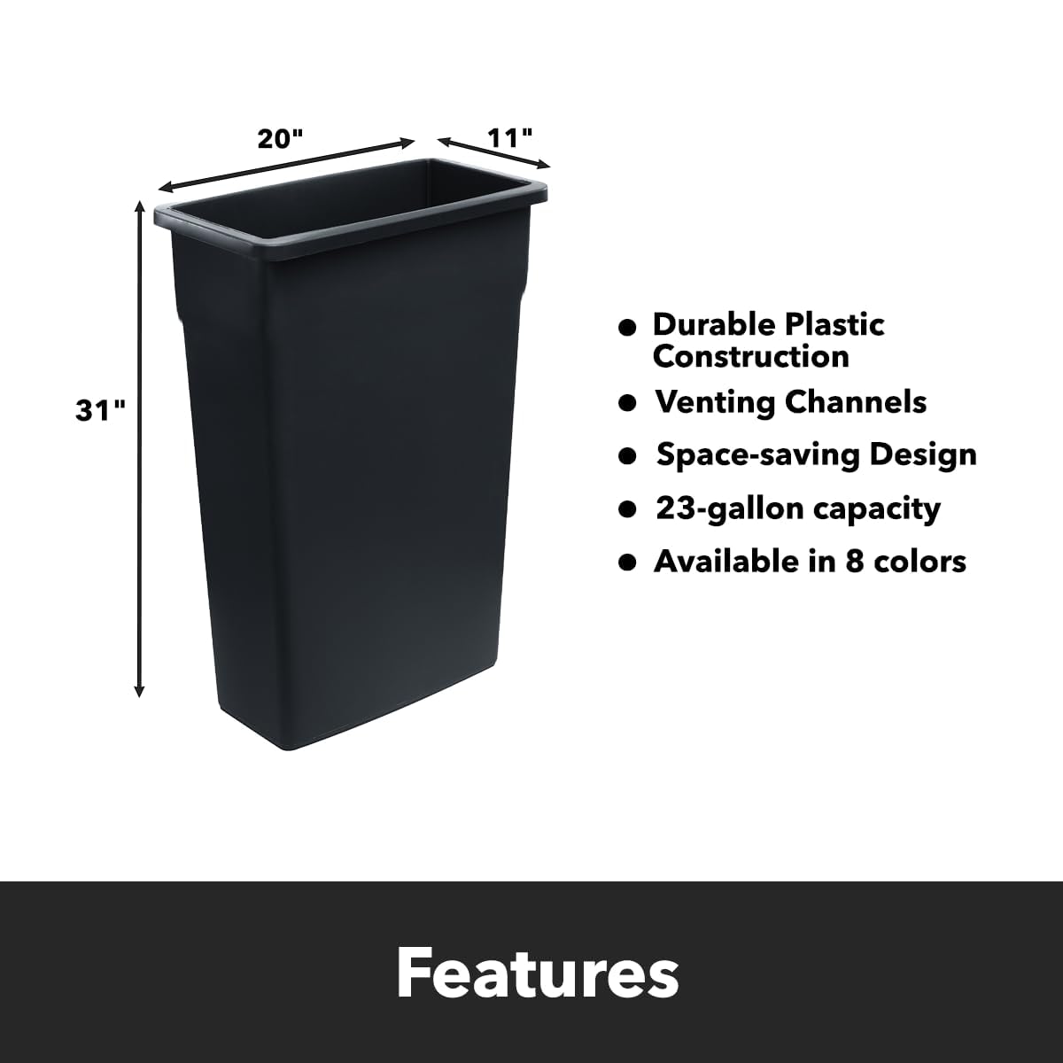 23-Gallon Slender Trash Can, Commercial Slim Rectangular Trash Can - Black