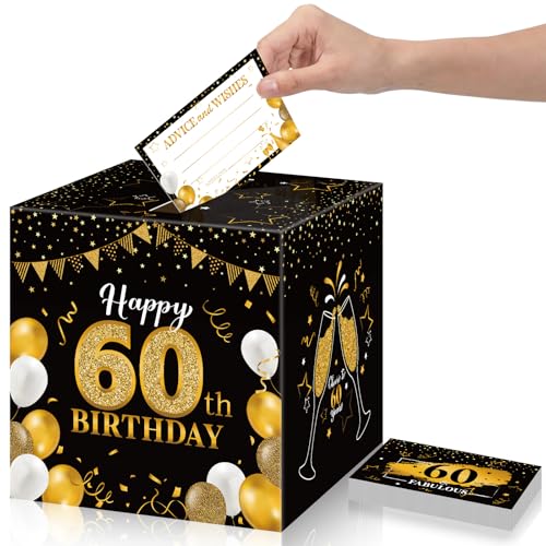 Image of Funrous 60th Birthday Party Message Card Box Cheers to 60 Years Black Gold Advice and Wishes Greeting Card Box for Men Women Birthday Decorations Party Supplies Anniversary Tables Sign Decor