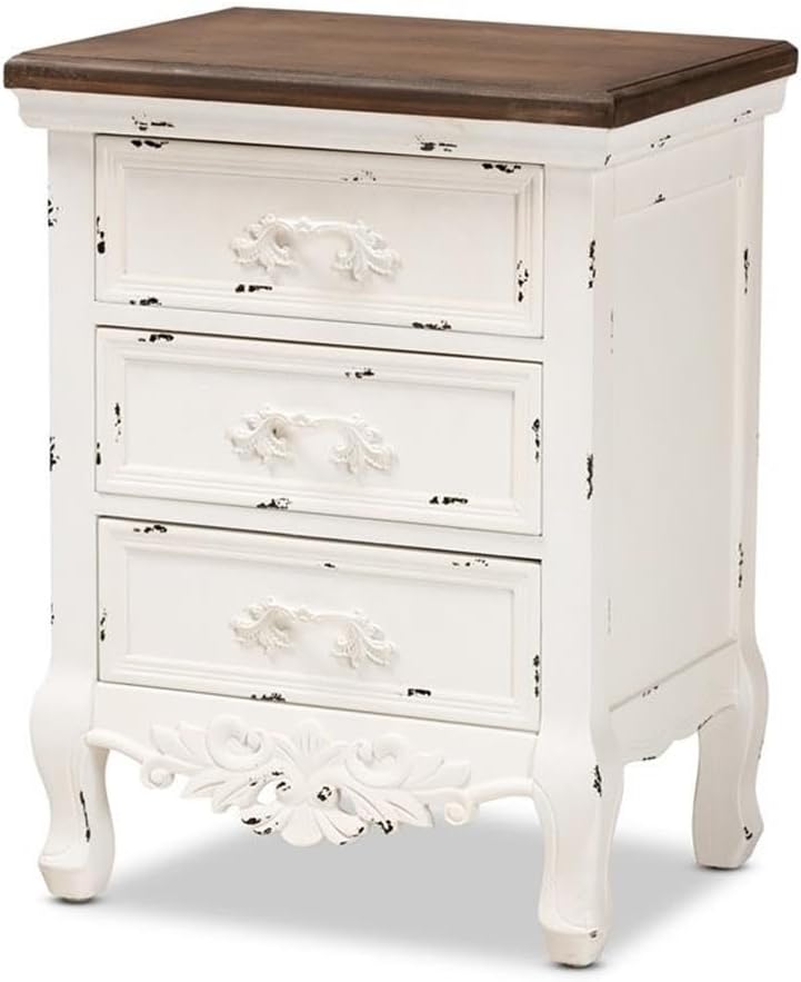 BOWERY HILL 3-Drawer End Table, 23.62" H x 18.11" W x 13.39" D, Solid Firwood, Brown and Antique White Finish, Inset Paneling, Floral Moldings, Cabriole Legs, Mid-Century Style, Fully Assembled