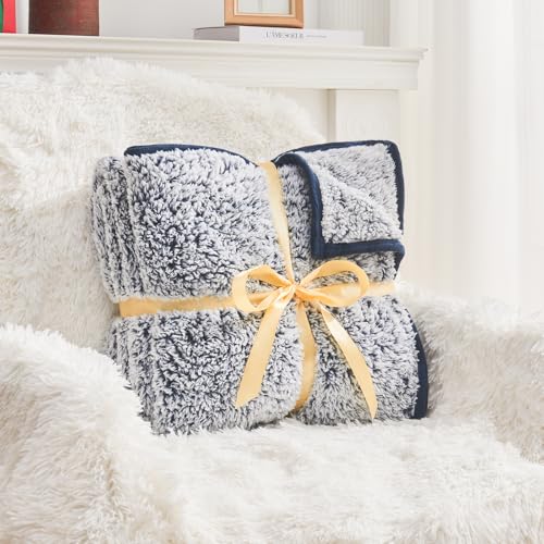 Image of EMME Soft Sherpa Throw Blanket Fleece Reversible Plush Fluffy Blanket, Light Weight Warm Decorative Boho Blanket Cover for Sofa, Couch, Bedroom,Travel(Plush Navy,50 inchx60 inch)