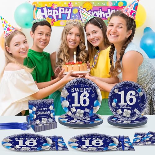 Image of gisgfim 96Pcs 16th Birthday Plates and Napkins Party Supplies Sweet 16 Birthday Party Tableware Set Blue Silver 16th Birthday Decorations Favors for 16 Years Old Boys Girls for 24 Guests