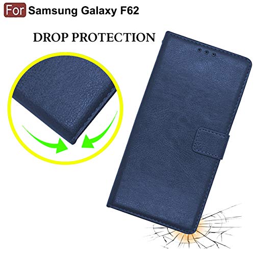 Image of CEDO Flip Cover for Samsung Galaxy F62 (4G) | Leather Finish | Inside Pockets & Inbuilt Stand | Shockproof Wallet Style Magnetic Closure Back Case Flipcover (Blue)