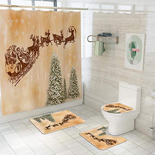 Claean-Acces-Home Toilettendeckelbezug Vier Sätze Von Weihnachten Elemente Druck Toilettenboden Schnee Weihnachtsbaum Wasserdicht Badvorhang-Sdyl176+Sds176_Abbildung – Bild 3