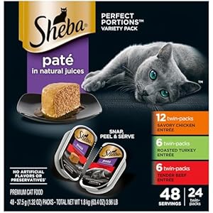 SHEBA Perfect Portions Paté Wet Cat Food Trays (24 Count, 48 Servings), Savory Chicken, Roasted Turkey, and Tender Beef Entrée, Easy Peel Twin-Pack Trays
