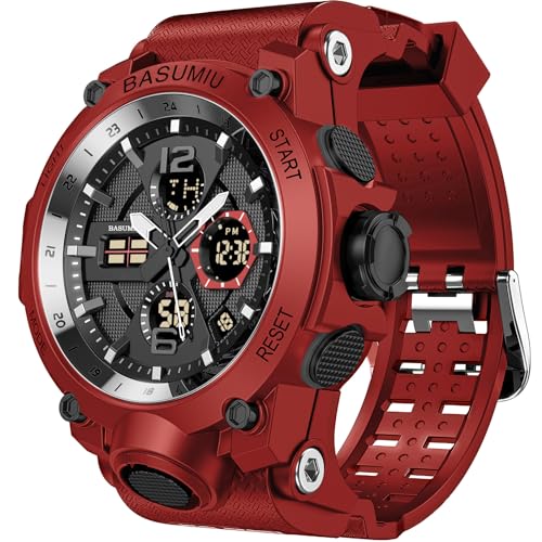 Pienolan Mens Sports Wrist Watches Analog Digital Tactical Military Watch Waterproof Gold Watches for Men (C-Red)