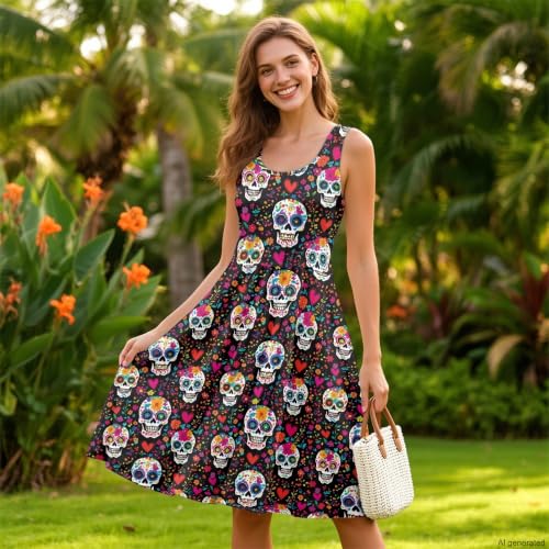 Image of TOADDITDO Women's Sleeveless O Neck Beach A-Line Party Coctail Tank Dresses Flared Sundress